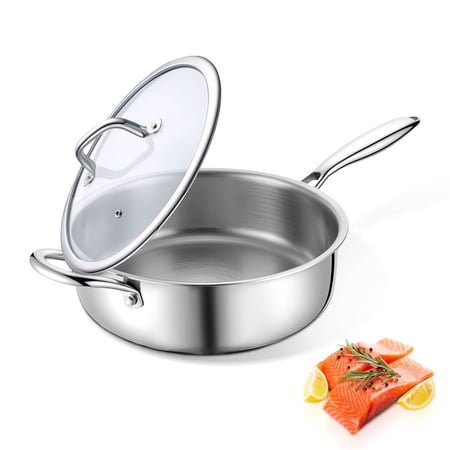 Vesteel 4.5 Quart Tri-Ply Saute Pan with Lid, 10” Stainless Steel Kitchen Skillet with Removable Handle, Healthy Non-toxic Cooking Pan, Induction Compatible & Dishwasher Safe