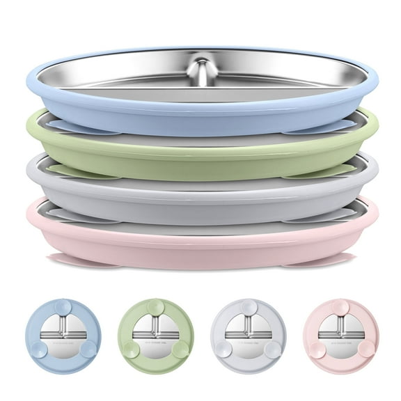 Vesteel 4-Piece Stainless Steel Toddler Plate with Suction, 9" Divided Dinner & Snack Plates with Removable Silicone Sleeves for Kids, Non Slip & Dishwasher Safe, Blue/Pink/Green/Grey