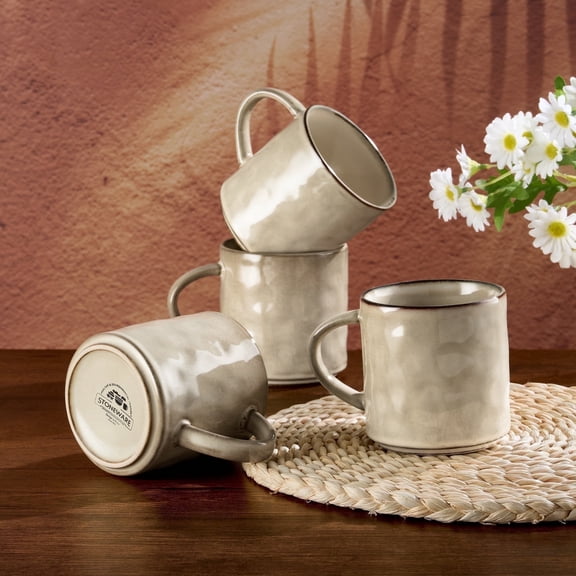 Vesteel Coffee Mug Set of 4, Ceramic Coffee Cups with Handles, 14oz Stoneware Mugs Set for Coffee Tea Milk, Wave Design Mug Gifts for Home Office Restaurant, Khaki