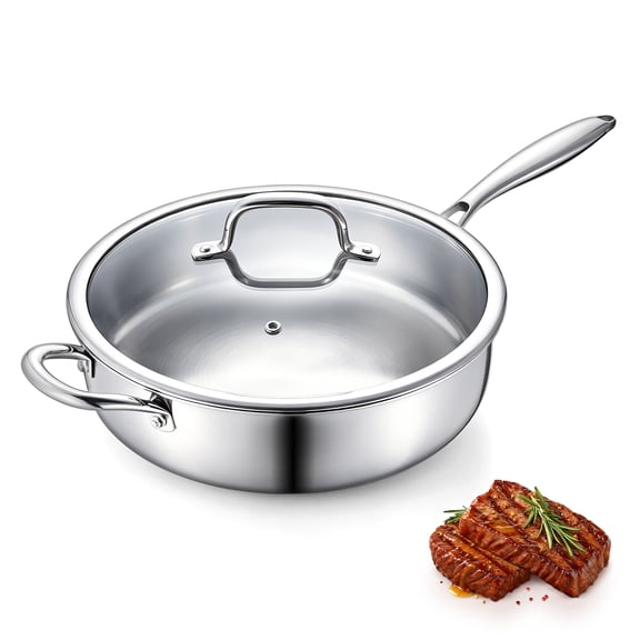 Vesteel 6 Quart Tri-Ply Saute Pan with Lid, 12” Stainless Steel Kitchen Skillet with Removable Handle, Healthy Non-toxic Cooking Pan, Induction Compatible & Dishwasher Safe