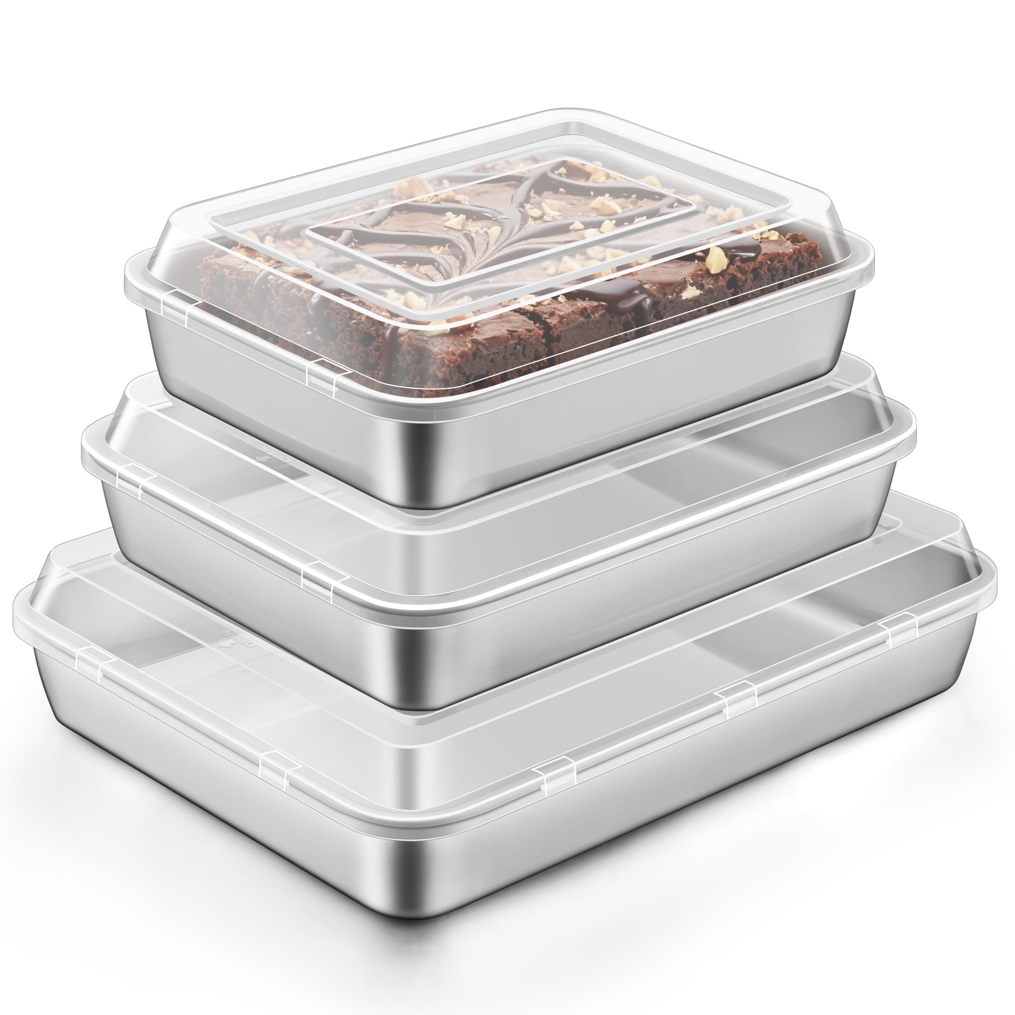 Vesteel Stainless Steel Baking Pan with Lid, 12.5/10.5/9.4 inch Rectangle Sheet Cake Pans with Covers Bakeware Set for Cakes Brownies Casseroles, Non-toxic & Dishwasher Safe