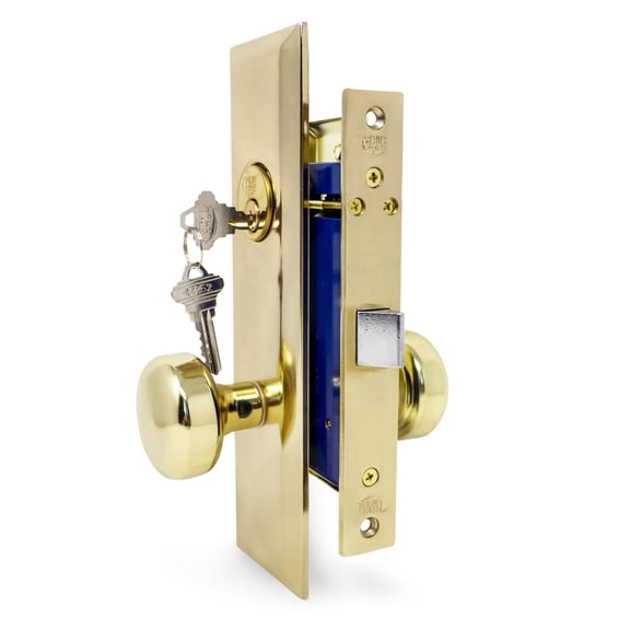 Premier Lock Vestibule Function Keyed Mortise Lockset, Always Locked, Left-Handed, Polished Brass US3 Finish, 2-1/2 in. Backset, 2 SC1 Keys