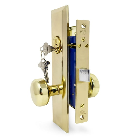 Vestibule Mortise Keyed Lockset - Always Locked - Left Hand - Polished Brass US3 Finish - 2-1/2" Backset - 2 SC1 Keys