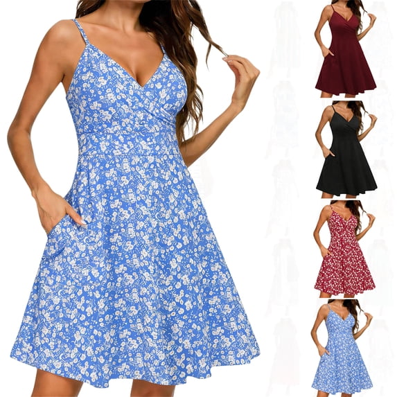 Vestido De Verano Para Mujer Ndbuld Women Summer Elegant Camisole V Neck High Waist Casual Elastic Waist Dress Blue XL