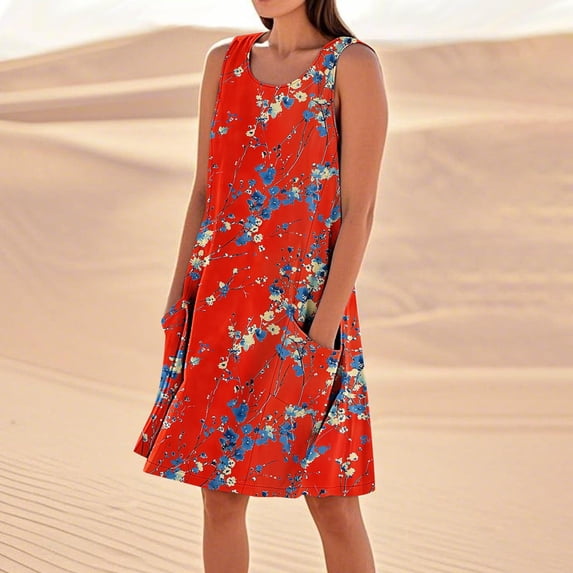 Vestido De Verano Para Mujer Women's Solid Color Casual Sleeveless Linen Loose Fitting Dress With Pockets E Multicolor XL