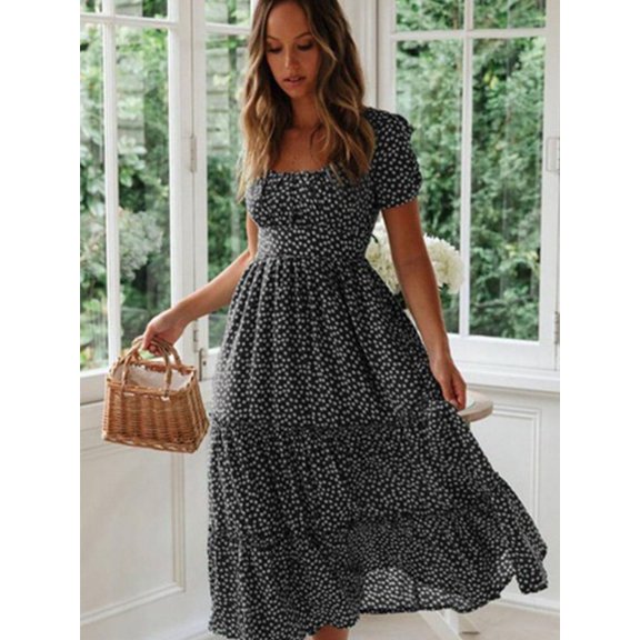 Vestidos Vintage Vintage Print Puff Sleeve summer Beach sweet dresses Casual Square collar floral maxi long dress festa