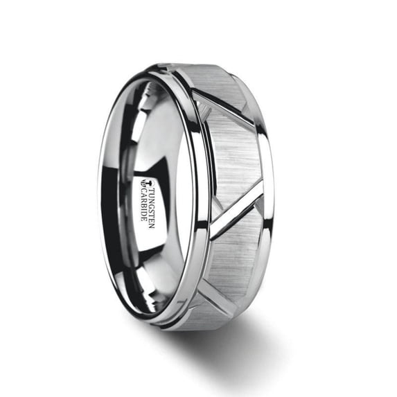 Vestige Tungsten Ring With Triangle Angle Grooves And Raised Center
