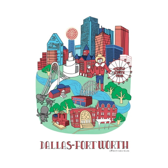 Vestiges Dallas-Fort Worth Collage Souvenir Tea Towel 21.5" x 32" Eco-Friendly