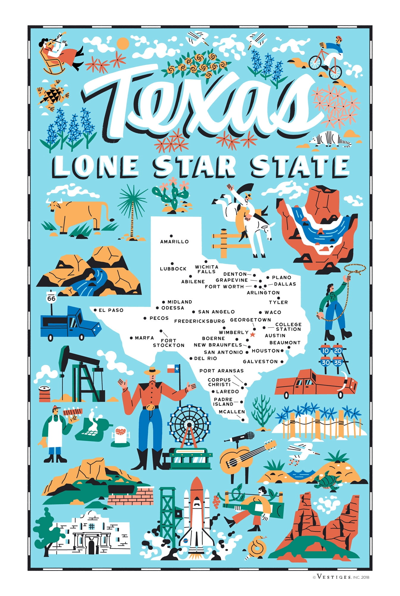 Vestiges Texas Vertical State Icons Souvenir Tea Towel 21.5
