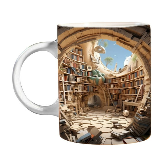 Vestitly 3D Bookshelf Mug 3D Effect Books Mugs Cool Birthday Christmas Gifts For Him Her White Ceramic Mug 11oz