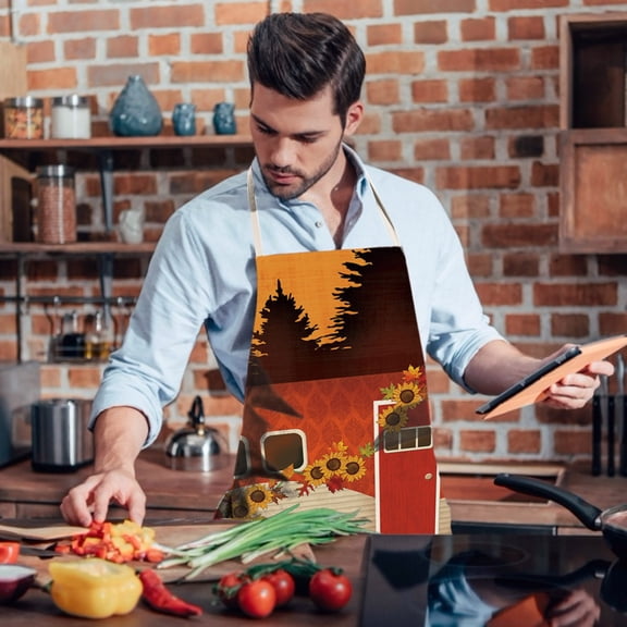 Vestitly Apron Sleeve Linen Thanksgiving Day Apron Sunflower Pumpkin Creative Apron Kitchen Housework Oil Repellent Antifouling Apron