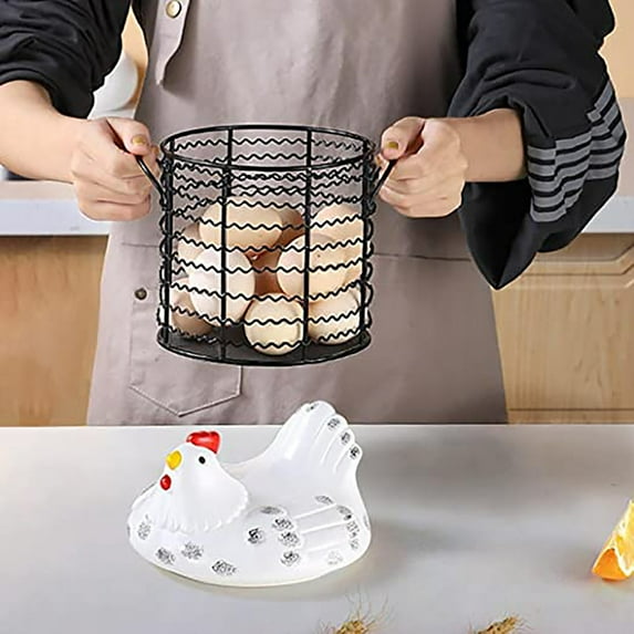 Vestitly Colorful Design Eggs Basket Ceramic Chicken Shaped Lid Round Wire Basket Bottom Handle Metal Wire Eggs Storage Basket With Ceramic Farm Chicken Cover Farmer Style