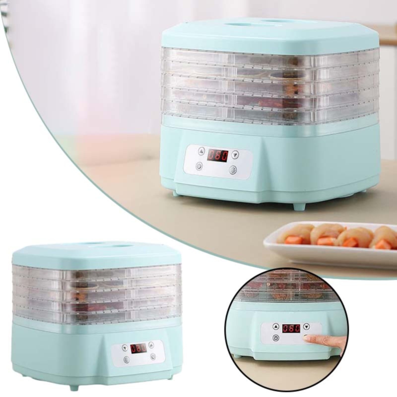 Voedseldehydrator Met 5 Dienbladen, Digitale Timer Fruitdroger Machine 35-70°C Temperatuur Instelbare Mini Fruit 360° Ventilatie Voor Rundvlees Fruit Groenten Vlees Huisdier Snacks