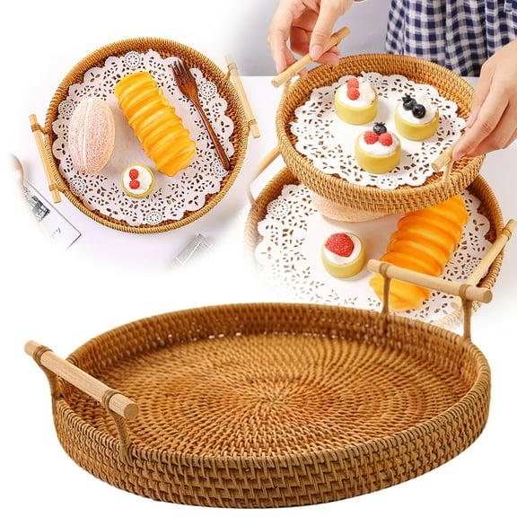 Vestitly Round Rattan Tray Woven Bread Basket With Handles Small Tray For Serving Dinner Parties Coffee Table Tea (Natural 11 Inches Diameter)