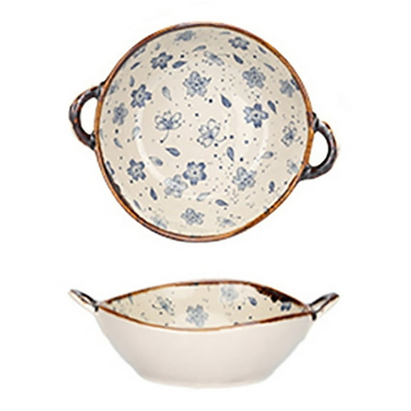 Vestitly Pasta Bowl Dinnerware For Kitchen With Double Handles Rustic Porcelain Pasta Bowl Japanese For Cereal Pasta Ramen Salad And Soup Underglaze Print