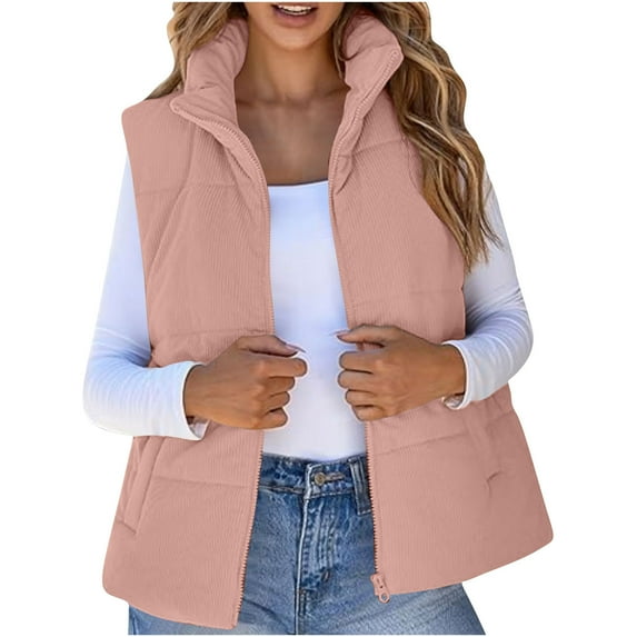Vests Tops for Women Plus Size New Women Corduroy Vests Cropped Sleeveless Puffer Jacket Winter Lightweight Stand Collar Coat Outerwear Pinky XXL