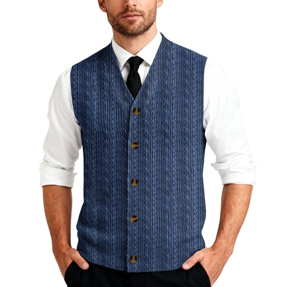Vests for Men Cable Knit V-Neck Sleeveless Sweater Button Down Cardigan Fall Winter Business Casual Blue 3XL