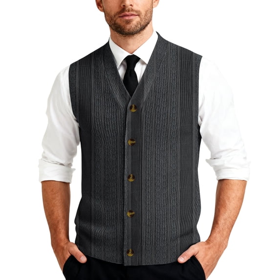 Vests for Men Cable Knit V-Neck Sleeveless Sweater Button Down Cardigan Fall Winter Business Casual Dark Gray 3XL