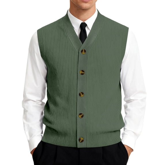 Vests for Men V-Neck Knit Ribbed Button Down Sleeveless Cardigan Fall Winter Business Casual Army Green S