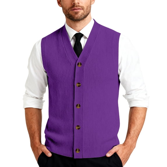 Vests for Men V-Neck Knit Ribbed Button Down Sleeveless Cardigan Fall Winter Business Casual Purple 3XL