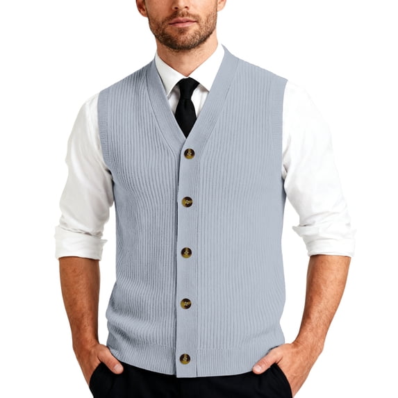 Vests for Men V-Neck Knit Ribbed Button Down Sleeveless Sweater Cardigan Fall Winter Business Casual Light Gray 4XL