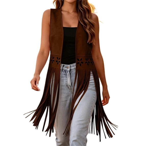 Vests for Women Western Fringe Sleeveless Vest Hollow Cutout Open Front Layering Jackets Brown XL