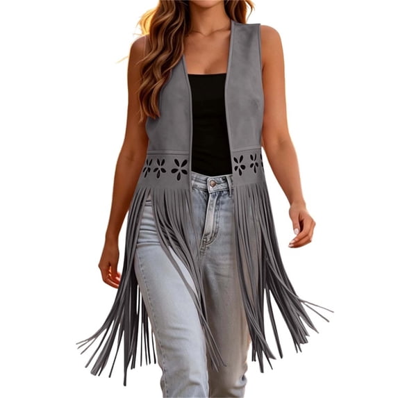Vests for Women Western Fringe Sleeveless Vest Hollow Cutout Open Front Layering Jackets Gray XL
