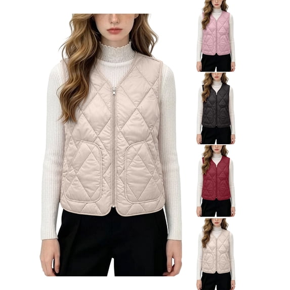 Vests for Women Zaewscy Women V‑Neck Quilted Vest Sleeveless Zip Up Lightweight Padded Gilet with Side Pockets White L