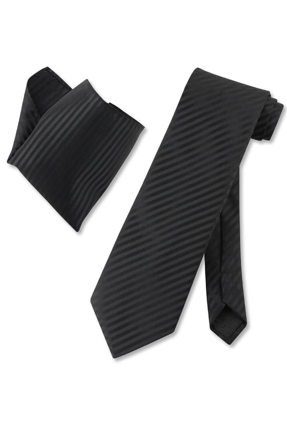 BLACK Vertical Stripes NeckTie & Handkerchief Men's Neck Tie Set