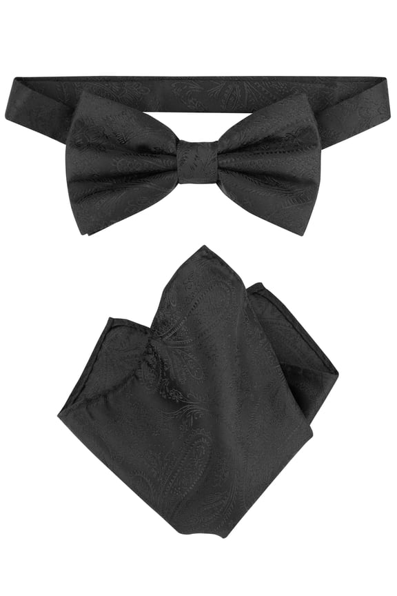 BowTie Black Paisley Color Mens Bow Tie & Handkerchief