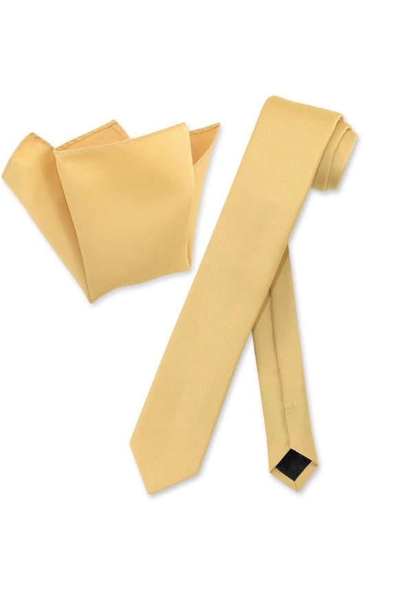 GOLD Skinny 2.5" NeckTie Handkerchief Mens Narrow Neck Tie Set