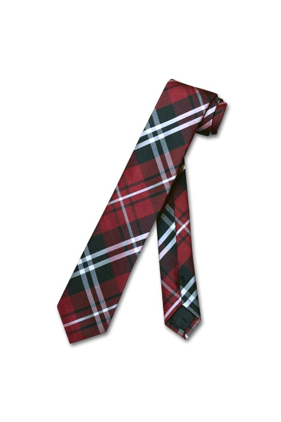Narrow NeckTie Skinny Black Burgundy White PLAID Men's 2.5" Tie