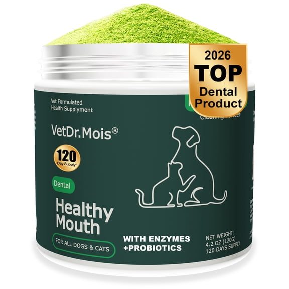 Vet Dr.Mois Dog Teeth Cleaning Powder, Dental Plaque & Tartar Remover, Breath Freshener for Dogs & Cats, Enzyme Formula, Natural Oral Care Supplement, 120g