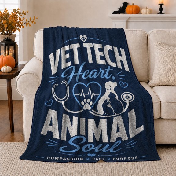 Vet Tech Heart Ekg Heart Paw Print Design, Cozy Gothic Scene, Warm Flannel Blanket for Living Room and Bedroom with Detailed Artwork, Animal Lovers Thank You Gift, Gothic Home Decor