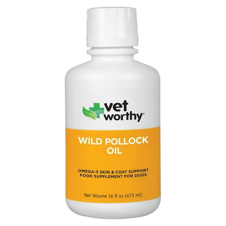 Vet Worthy Wild Pollock Oil for Dogs - All Natural Dog Supplement to Promote Skin and Coat, Heart, and Immune System Support - Liquid Fish Oil for Dogs - Easy to Use Mess-Free Bottle - 16 fl oz