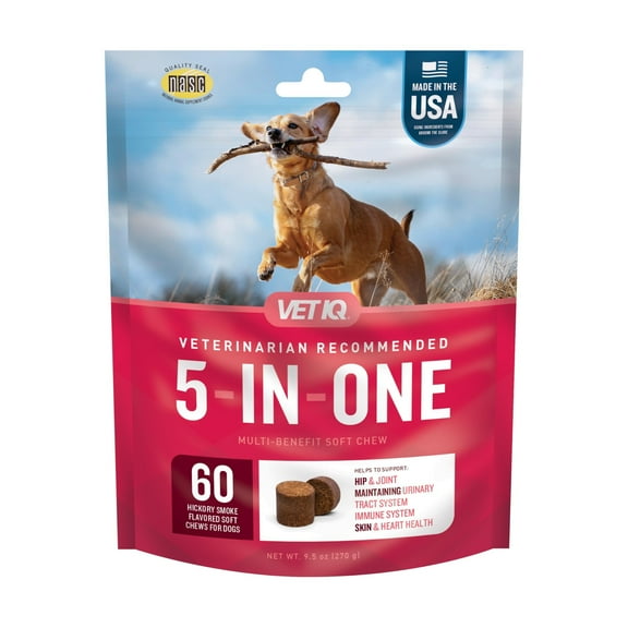 VetIQ 5-in-One Supplement for Dogs, Supports Hip & Joint, Urinary Tract, Immune System, Skin Health and Heart Health, Soft Chews, Made in The USA, 60 Count (Packaging May Vary) BE42