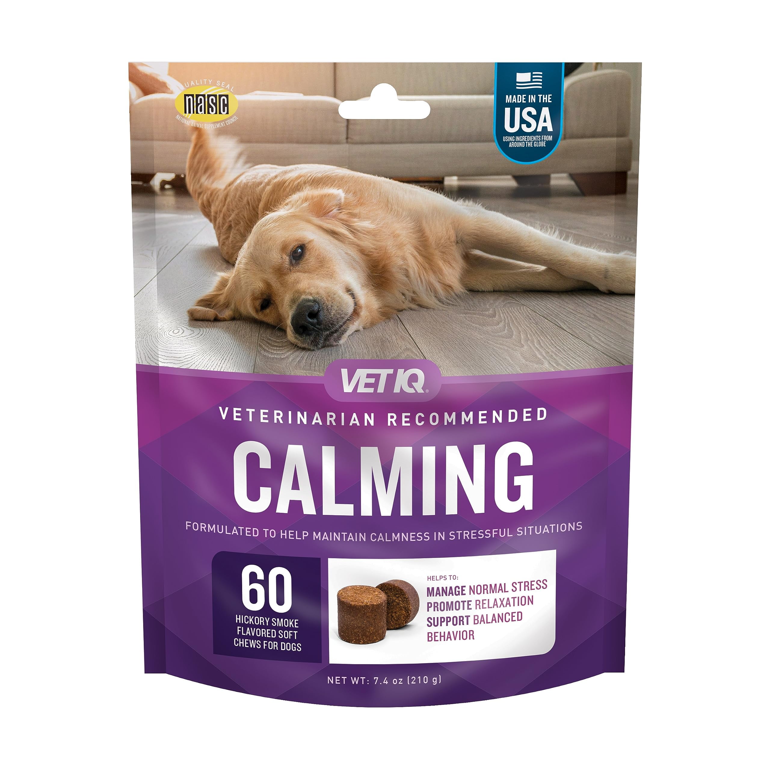 VetIQ Calming Support Supplement for Dogs, Calming Chews Help Manage Stress and Promote Relaxation, Anxiety Relief for Dogs, Made in The USA, 60 Count BE42