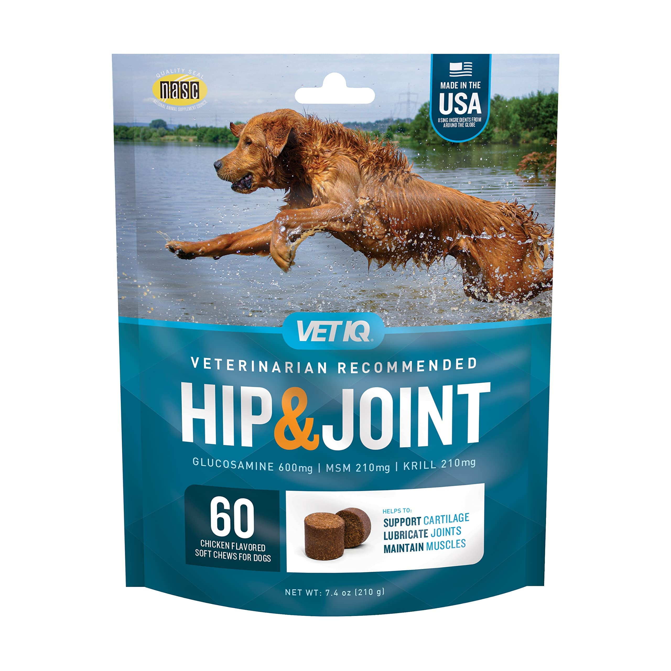 VetIQ Glucosamine Hip & DHF10Joint Supplement for Dogs, 60 Soft Chews, Dog Joint Support Supplement with MSM and Krill, Dog Health Supplies Large & Small Breed, Chicken Flavored Chewables