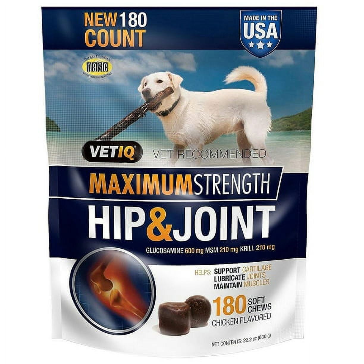 VetIQ Hip & Joint Supplement for Dogs, Chicken Flavored Soft Chews, 180 ct.