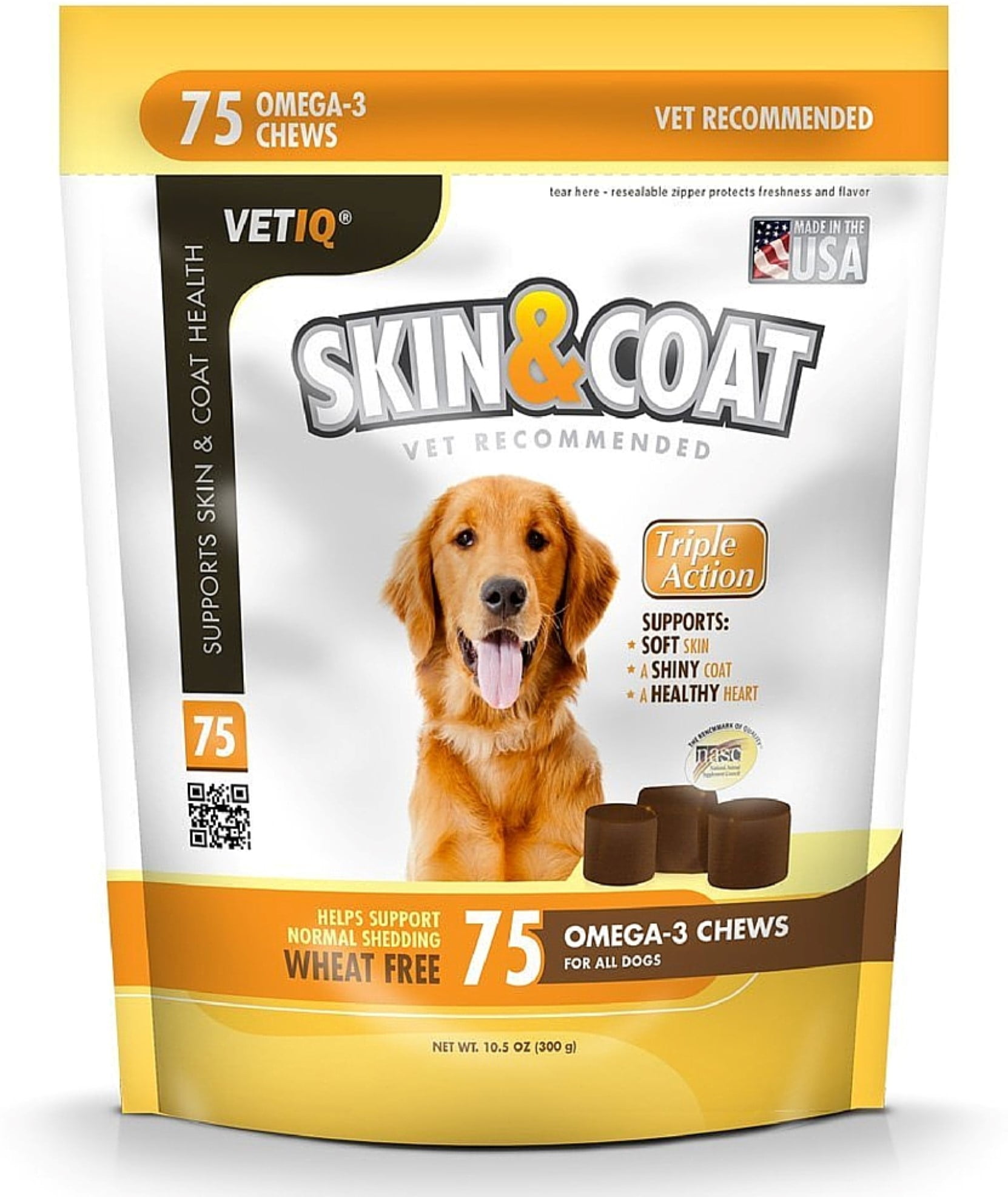 VetIQ Skin and Coat Vitamin Chews Dog Treats, 75Count