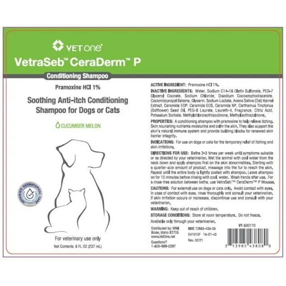 VetOne VetraSeb CeraDerm P Conditioning Shampoo for Dogs or Cats 8 oz