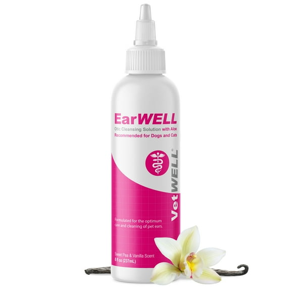 VetWELL Ear Cleaner for Dogs and Cats - Otic Rinse for Infections and Controlling Ear Infections and Odor in Pets - 8 oz (Sweet Pea Vanilla)