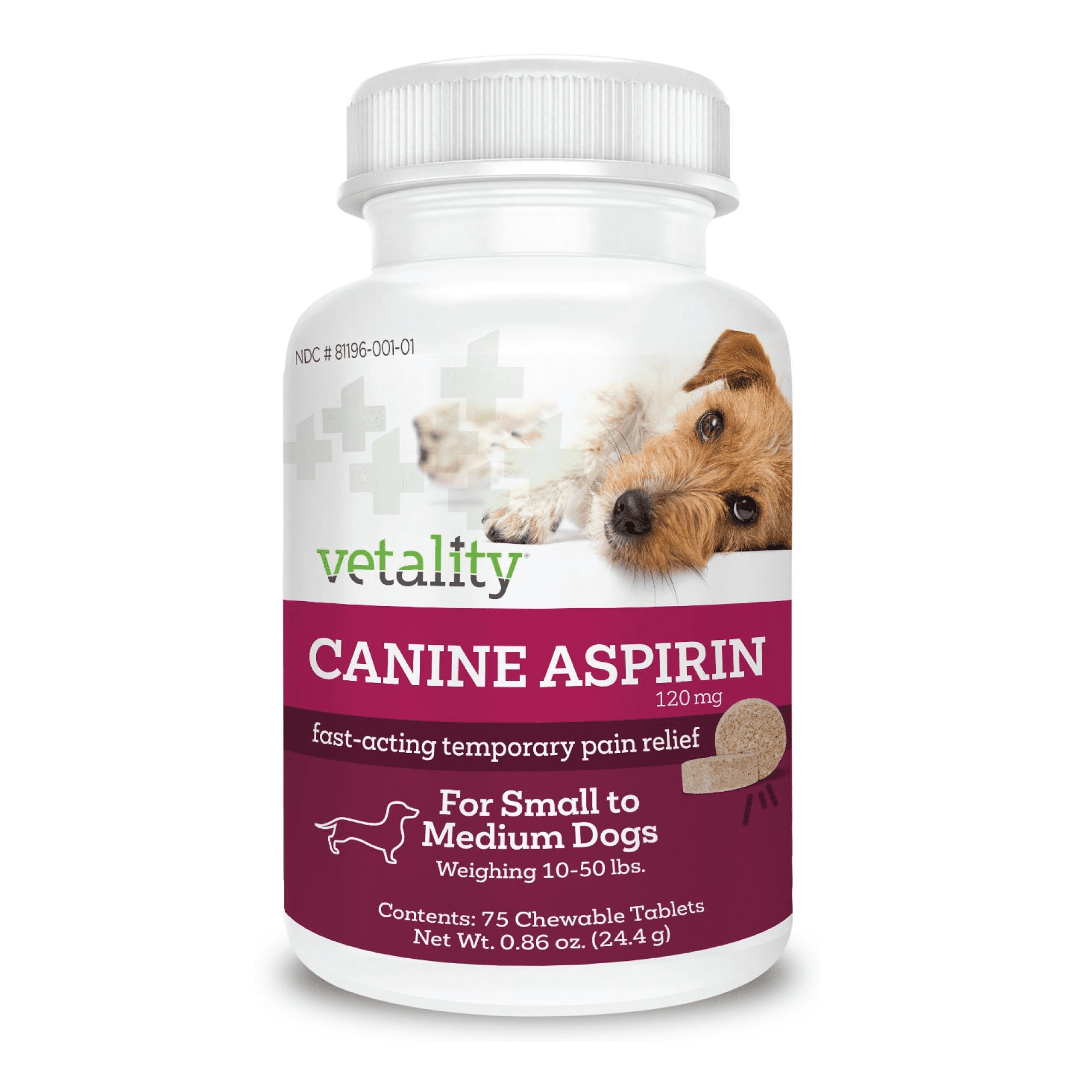 Vetality Canine Aspirin for Dogs, Fast Pain Relief Medicine for Small to Medium Dogs, Liver Flavor, 75 Tablets