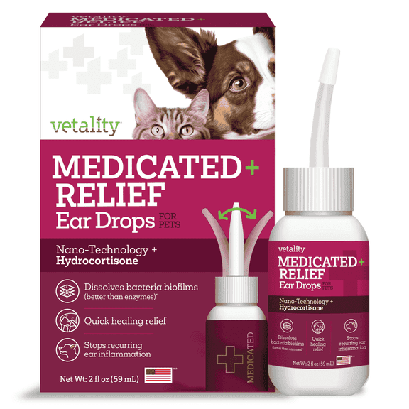 Vetality Medicated Otic Ear Care Liquid and Cleaner with Hydrocortisone for Dog, 2 fl oz Bottle