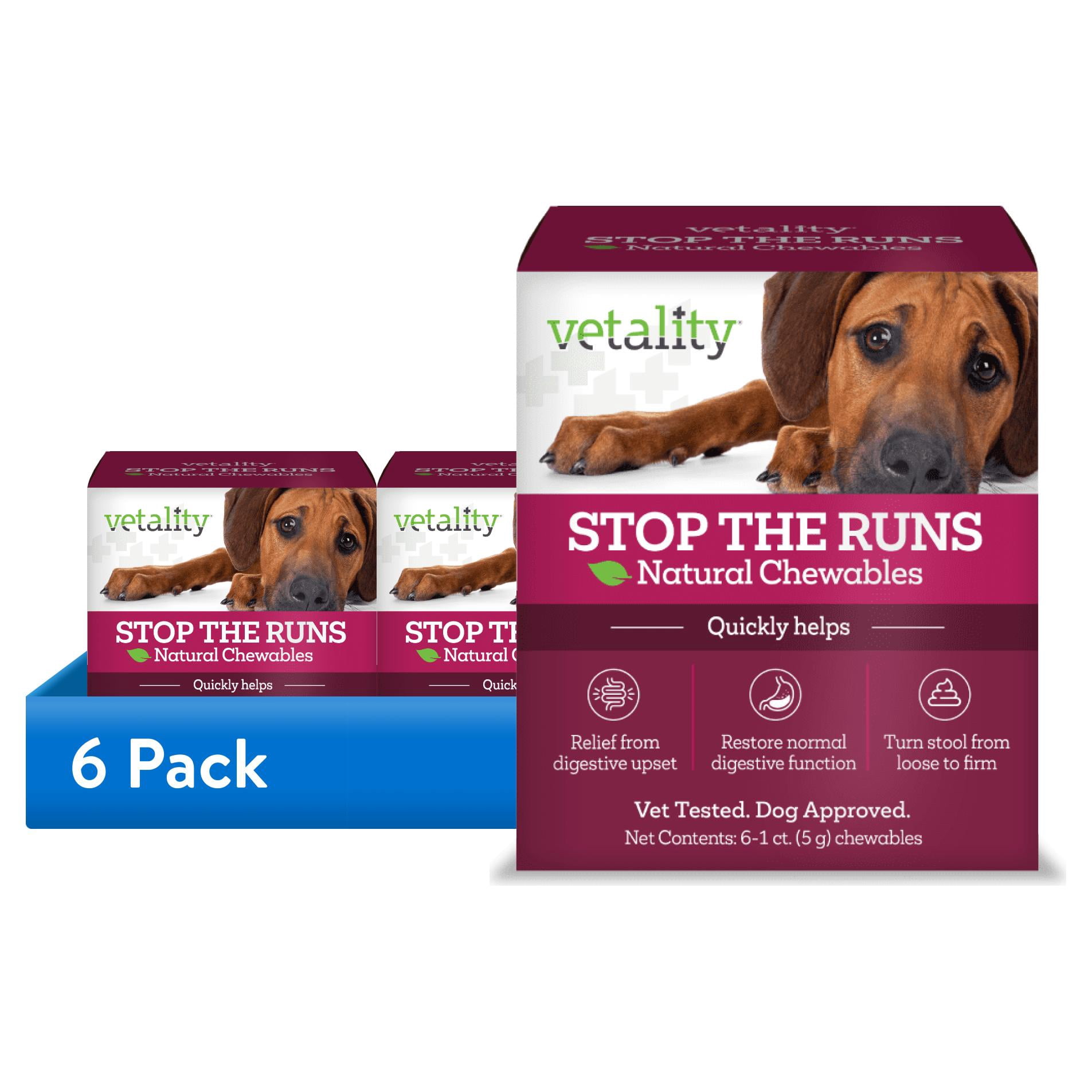 (6 pack) Vetality Stop The Runs, Anti-Diarrhea Chewable Tablets for Dogs, 6 Count.  Fast Acting and Supports Normal Bowel Function for Dogs.  Chicken Apple Flavor.