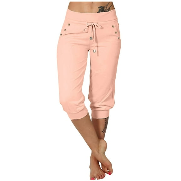 Women's Summer Pants Womens Casual Sport Yoga Solid Pockets Womens Bottoms Casual Pants plus Size Dress for Women Short Pant for Women Summer Women's Work Work Elastic Pink S