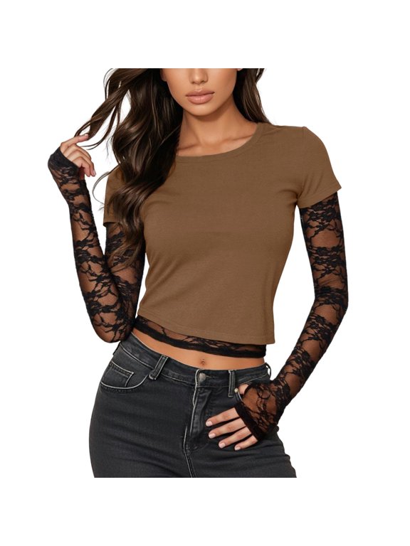 Vetement Femme Tee Women's Casual Long Sleeve T Shirt With Lace Detail For Daily Wear And Style Comfortable And Versatile Top,S,Khaki