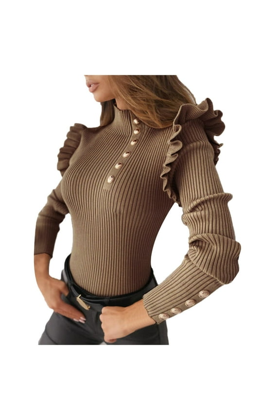 Vetement Femme ete 2025 Autumn Winter Women Long Sleeve Rib Blouse Turtleneck Buttons Ruffle Sweater Long Sleeve Tops for Women T Shirt Turtle Neck Ladies Women's T Shirt Short Work Pack XXL XXL