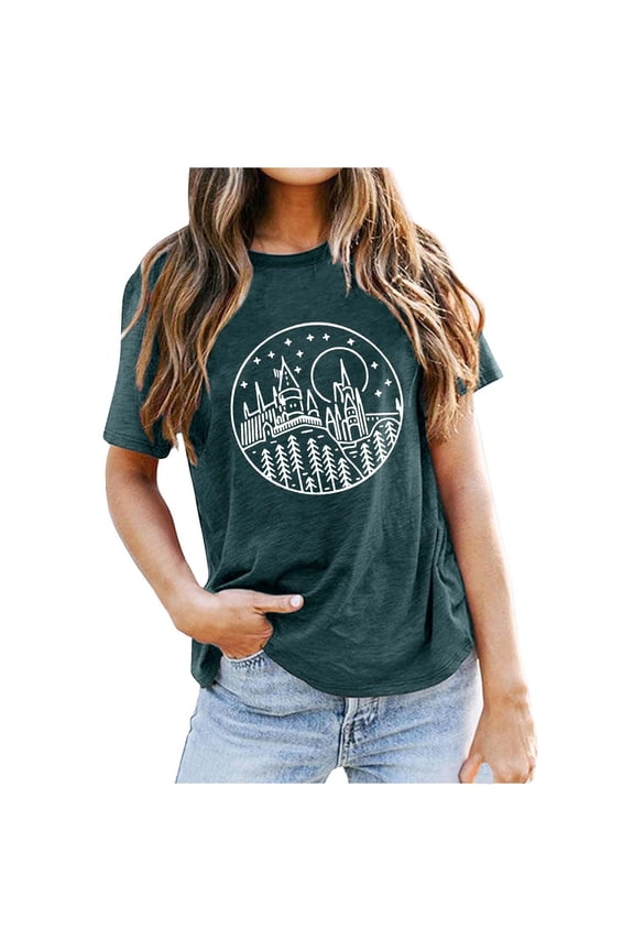 Vetement Femme ete 2025 Ladies Casual Round Neck Print Solid Color Short Sleeve T Shirt Top Soft Long Sleeve Tee Shirts for Women Athletic Wear Loose Fit Womens Summer Shirts Women Long Work M