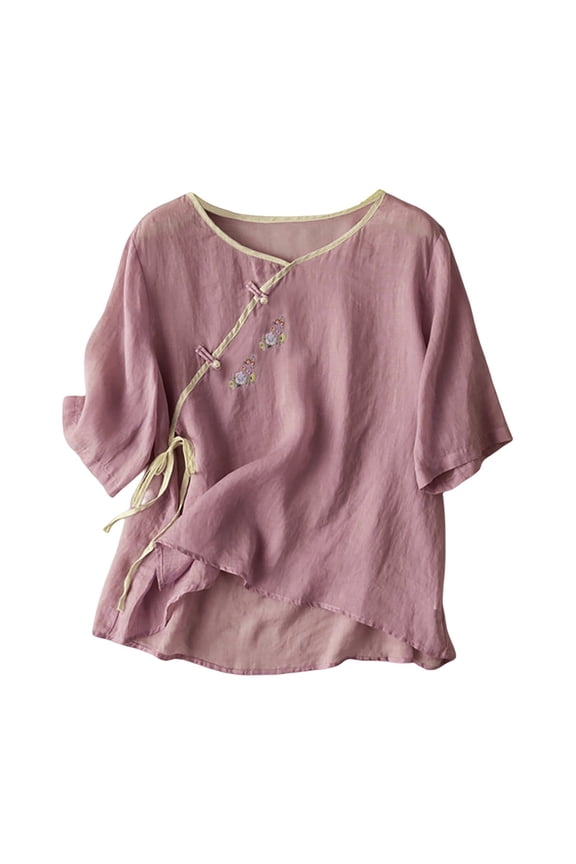 Vetement Femme ete 2025 Ladies Fashion Casual And Linen Embroidery V Neck Point Sleeve Comfortable Loose T Shirt Top Womens Long Sleeve Cold Gear Loose Women T Shirt Women Plain Long Fitted M